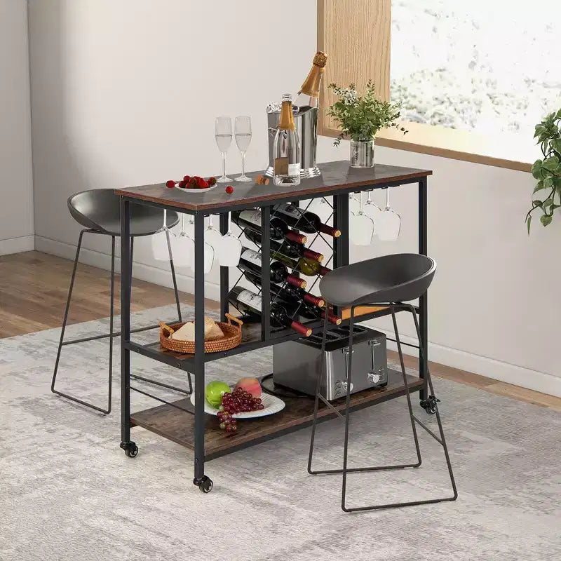 Chariot de bar industriel avec porte-verres et porte-bouteilles, desserte de cuisine roulante