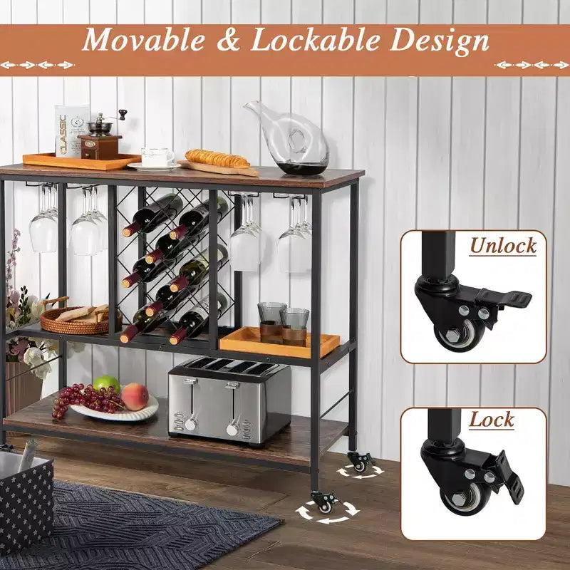 Chariot de bar industriel avec porte-verres et porte-bouteilles, desserte de cuisine roulante