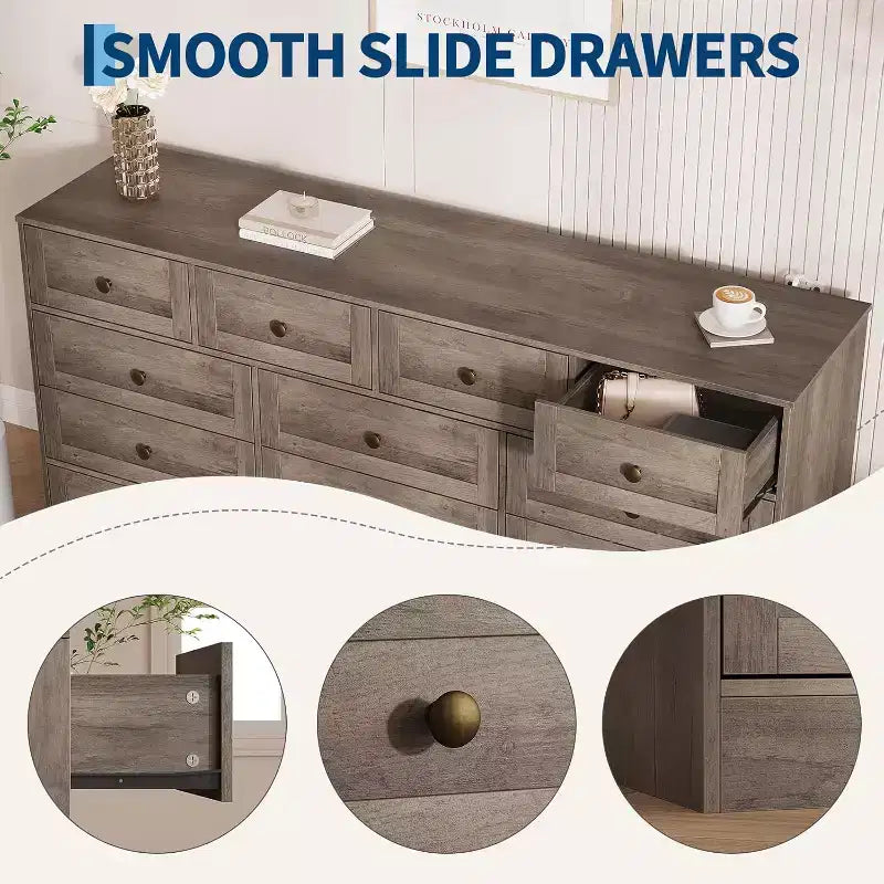 Commode de chambre à 12 tiroirs, commode en bois de 155 cm de large, commode meuble TV pour téléviseur de 65 pouces, organisateur de rangement de vêtements moderne pour salon