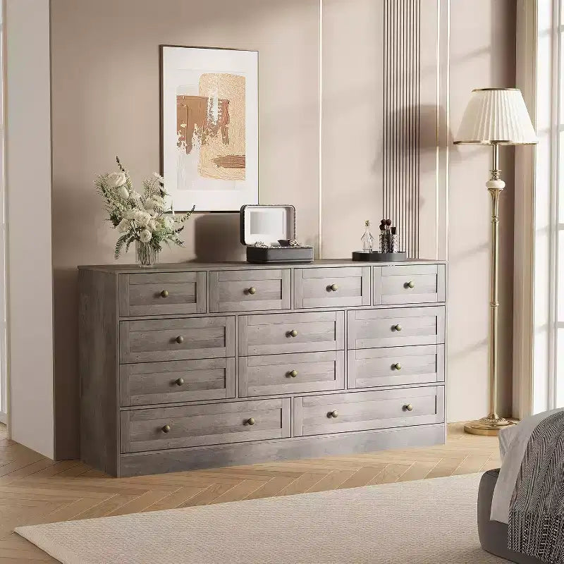 Commode de chambre à 12 tiroirs, commode en bois de 155 cm de large, commode meuble TV pour téléviseur de 65 pouces, organisateur de rangement de vêtements moderne pour salon