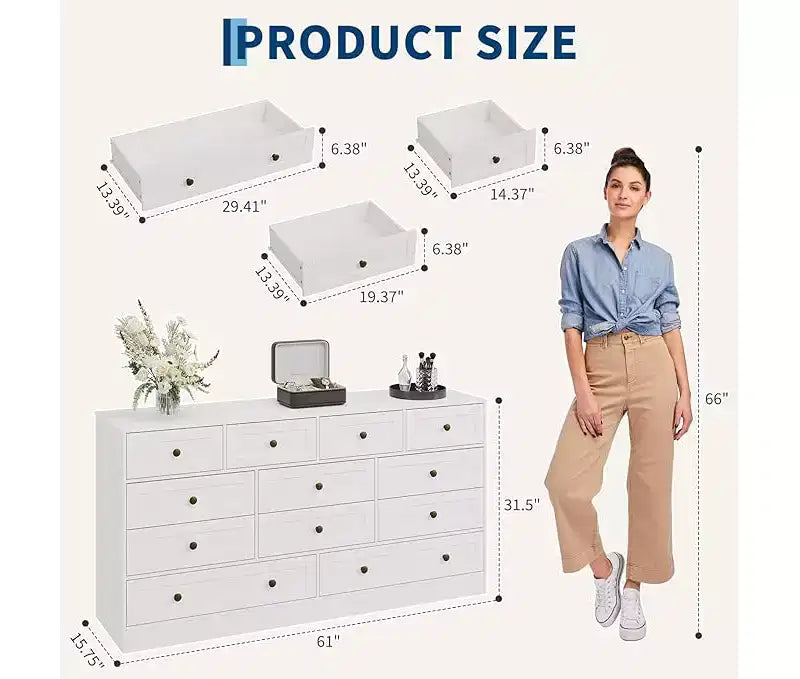 Commode de chambre à 12 tiroirs, commode en bois de 155 cm de large, commode meuble TV pour téléviseur de 65 pouces, organisateur de rangement de vêtements moderne pour salon
