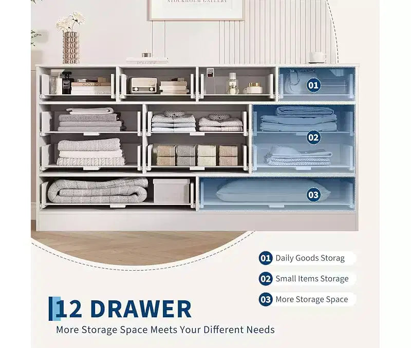 Commode de chambre à 12 tiroirs, commode en bois de 155 cm de large, commode meuble TV pour téléviseur de 65 pouces, organisateur de rangement de vêtements moderne pour salon