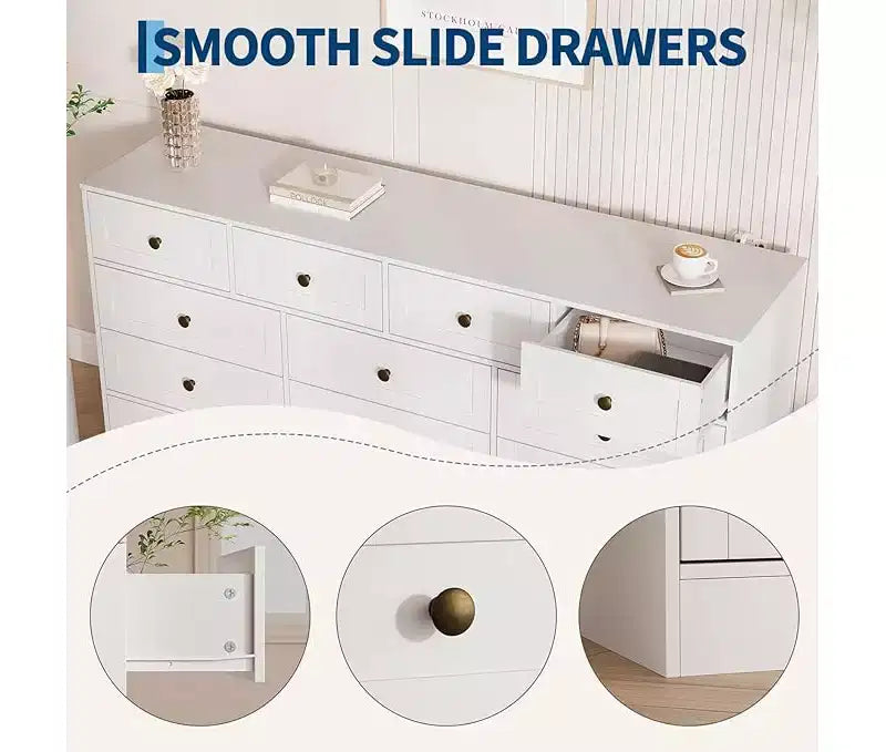 Commode de chambre à 12 tiroirs, commode en bois de 155 cm de large, commode meuble TV pour téléviseur de 65 pouces, organisateur de rangement de vêtements moderne pour salon