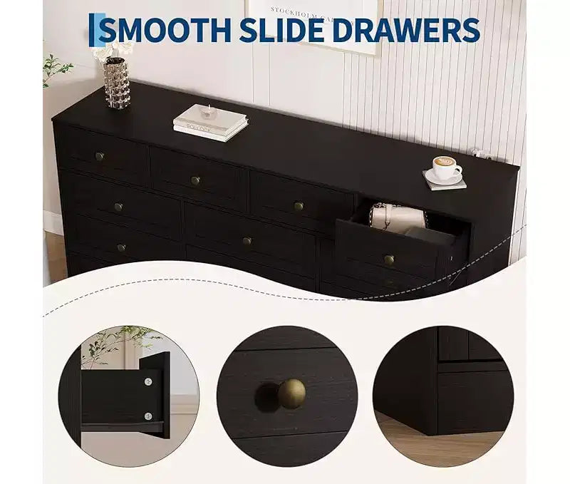 Commode de chambre à 12 tiroirs, commode en bois de 155 cm de large, commode meuble TV pour téléviseur de 65 pouces, organisateur de rangement de vêtements moderne pour salon