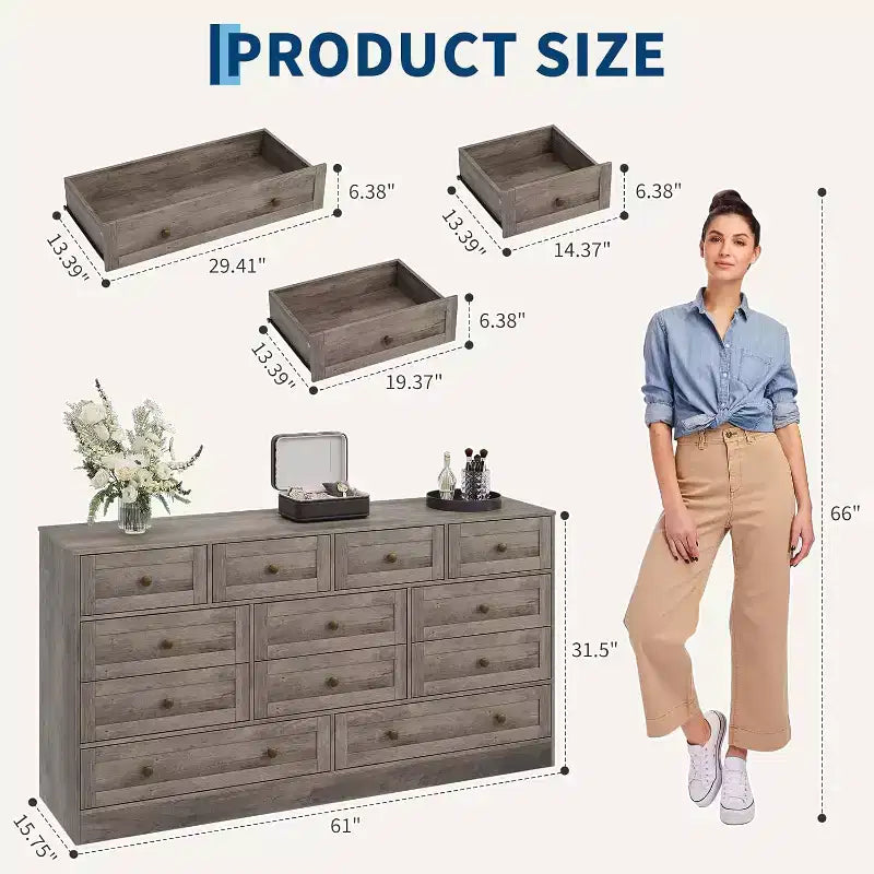 Commode de chambre à 12 tiroirs, commode en bois de 155 cm de large, commode meuble TV pour téléviseur de 65 pouces, organisateur de rangement de vêtements moderne pour salon