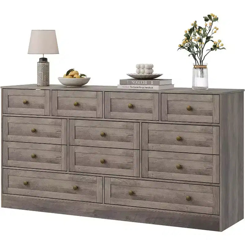 Commode de chambre à 12 tiroirs, commode en bois de 155 cm de large, commode meuble TV pour téléviseur de 65 pouces, organisateur de rangement de vêtements moderne pour salon