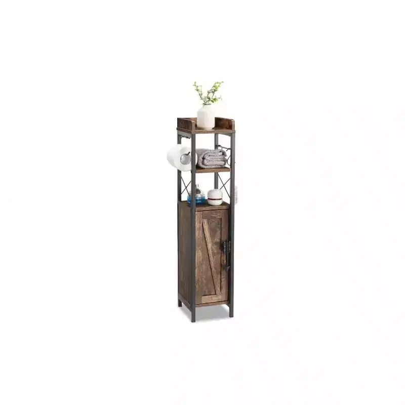 Small Bathroom Cabinet Slim Toilet Paper Holder with Door 2 Shelves Narrow Storage Organizer Waterproof Coating Brown