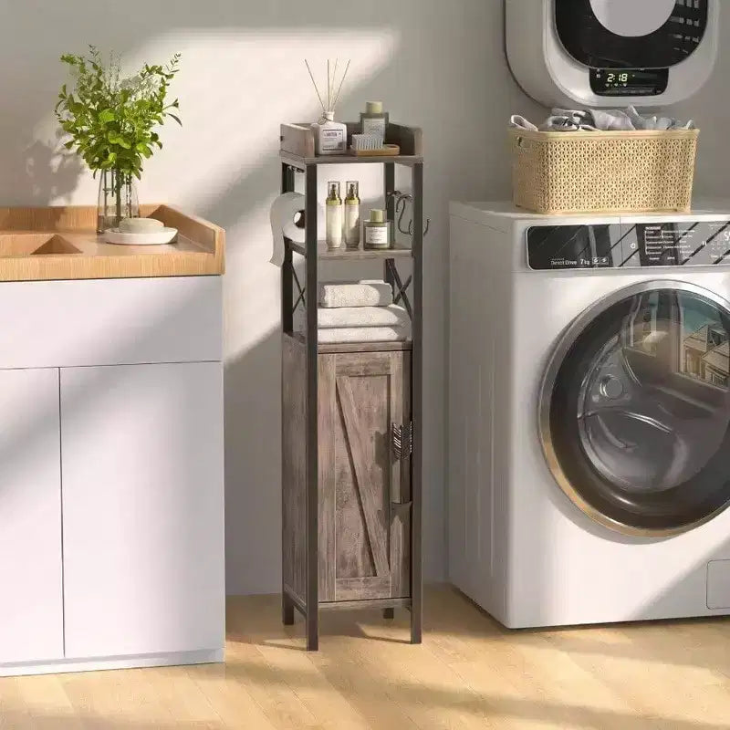 Petit meuble de salle de bain porte-papier toilette fin avec porte 2 étagères Rangement étroit Organisateur Revêtement étanche Marron