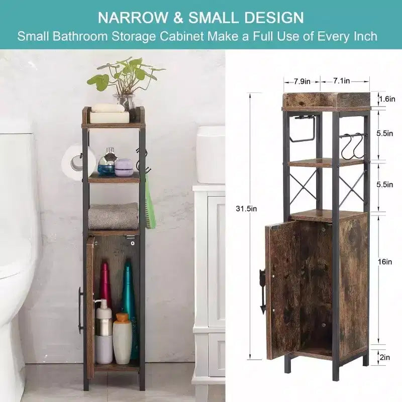 Petit meuble de salle de bain porte-papier toilette fin avec porte 2 étagères Rangement étroit Organisateur Revêtement étanche Marron