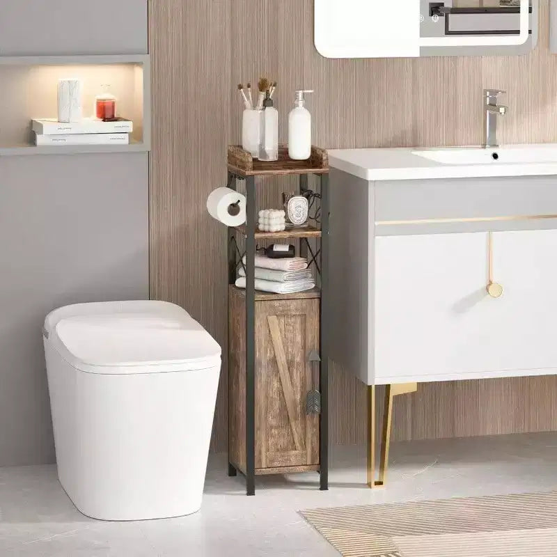 Petit meuble de salle de bain porte-papier toilette fin avec porte 2 étagères Rangement étroit Organisateur Revêtement étanche Marron