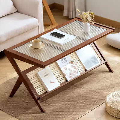 JVNOXK 40inch Rattan Coffee Tables for Living Room, Mid Century Modern Coffee Table with Glass Top, Large Boho Center Table with Storage, Brown