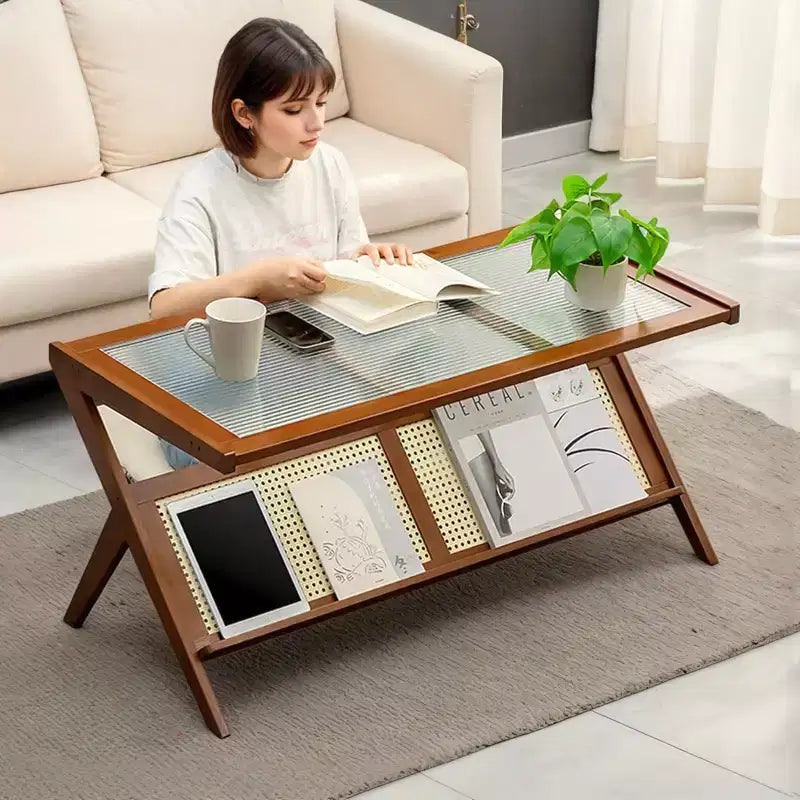 Tables basses en rotin de 40 pouces pour salon, table basse moderne du milieu du siècle avec plateau en verre, grande table basse bohème avec rangement, marron