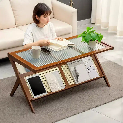 Tables basses en rotin de 40 pouces pour salon, table basse moderne du milieu du siècle avec plateau en verre, grande table basse bohème avec rangement, marron