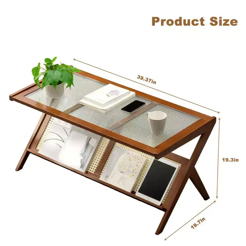 Tables basses en rotin de 40 pouces pour salon, table basse moderne du milieu du siècle avec plateau en verre, grande table basse bohème avec rangement, marron