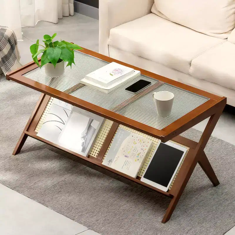 Tables basses en rotin de 40 pouces pour salon, table basse moderne du milieu du siècle avec plateau en verre, grande table basse bohème avec rangement, marron