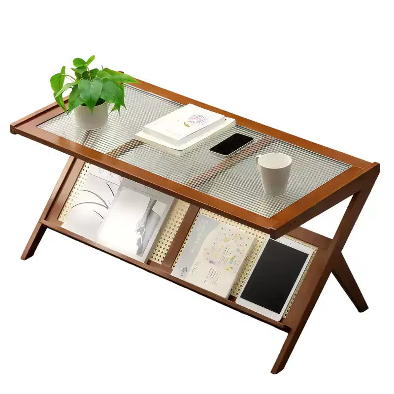 Tables basses en rotin de 40 pouces pour salon, table basse moderne du milieu du siècle avec plateau en verre, grande table basse bohème avec rangement, marron