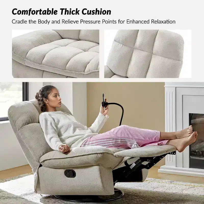 Fauteuil inclinable, pivotant et berçant manuel rembourré moderne avec support de téléphone