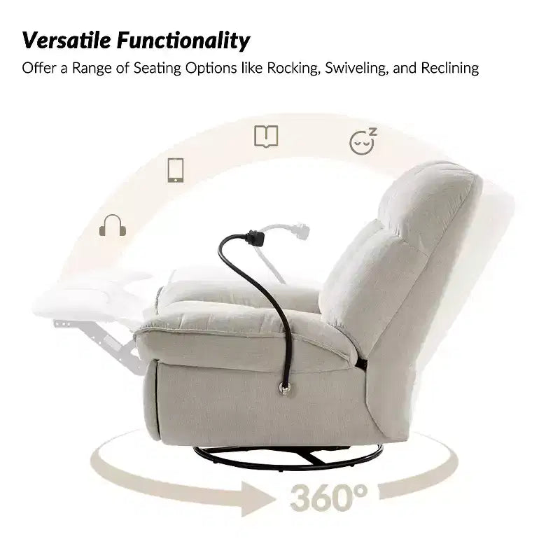 Fauteuil inclinable, pivotant et berçant manuel rembourré moderne avec support de téléphone