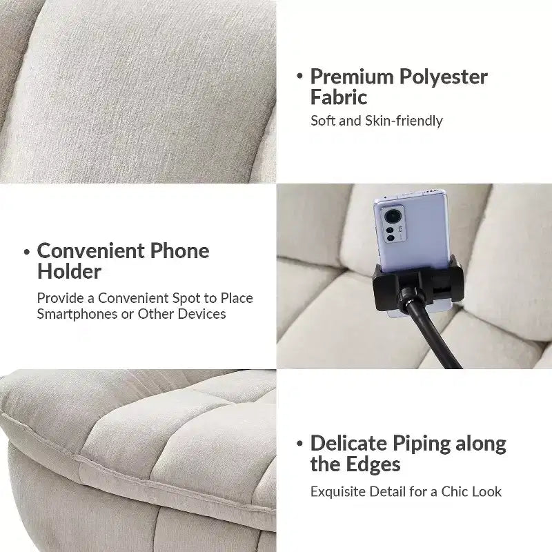 Fauteuil inclinable, pivotant et berçant manuel rembourré moderne avec support de téléphone