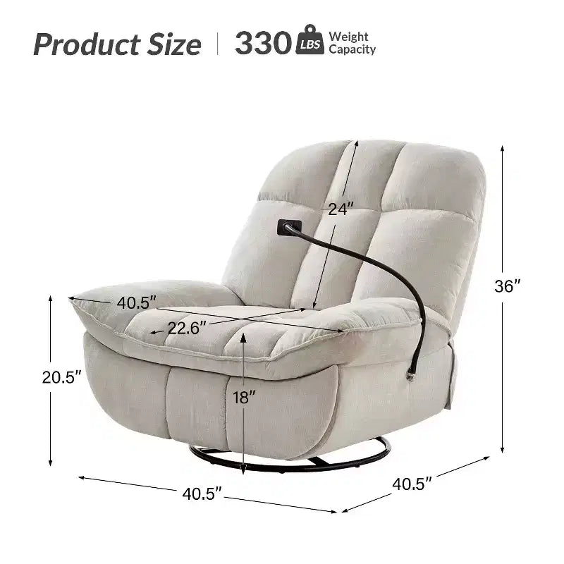 Fauteuil inclinable, pivotant et berçant manuel rembourré moderne avec support de téléphone