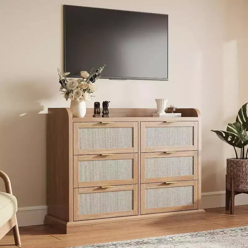Acekool 6-Drawer Rattan Dresser, Boho Chest of Drawers with Storage, Modern Organizer with Gold Handle, TV Stand for Bedroom & Living Room
