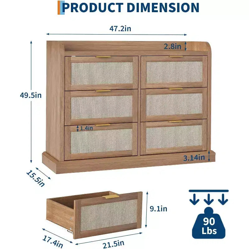 Commode 6 tiroirs en rotin, Chiffonnier Boho avec rangements, Organisateur moderne avec poignée dorée, Meuble TV pour Chambre et Salon