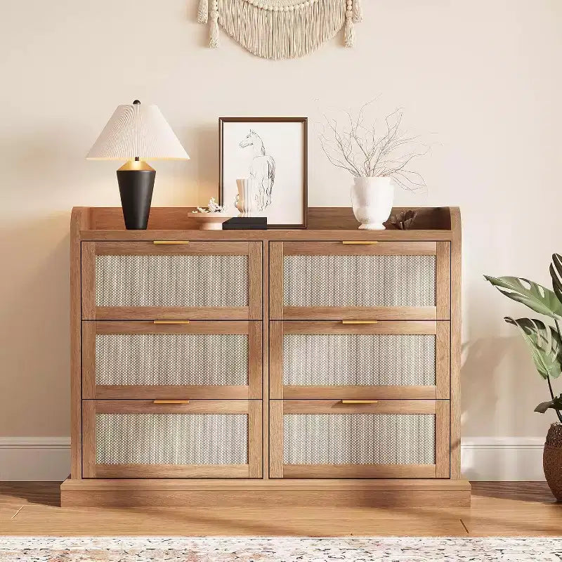 Commode 6 tiroirs en rotin, Chiffonnier Boho avec rangements, Organisateur moderne avec poignée dorée, Meuble TV pour Chambre et Salon