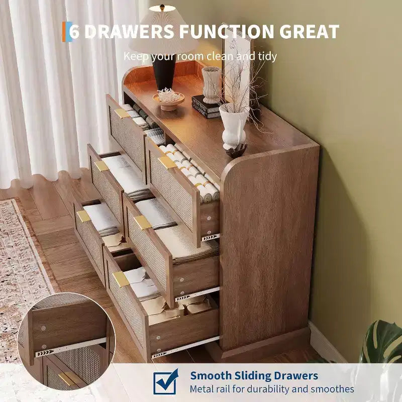 Commode 6 tiroirs en rotin, Chiffonnier Boho avec rangements, Organisateur moderne avec poignée dorée, Meuble TV pour Chambre et Salon