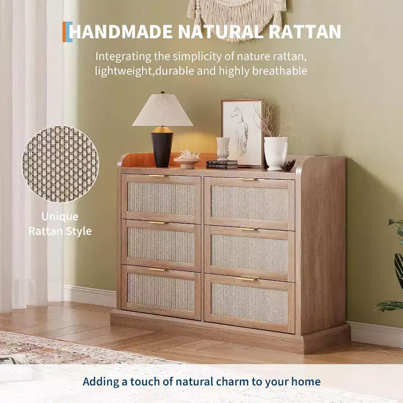 Commode 6 tiroirs en rotin, Chiffonnier Boho avec rangements, Organisateur moderne avec poignée dorée, Meuble TV pour Chambre et Salon