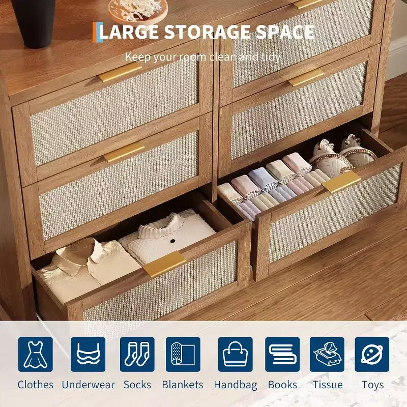 Commode 6 tiroirs en rotin, Chiffonnier Boho avec rangements, Organisateur moderne avec poignée dorée, Meuble TV pour Chambre et Salon