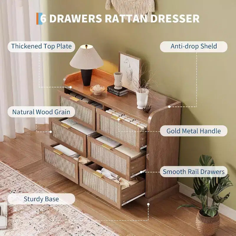 Commode 6 tiroirs en rotin, Chiffonnier Boho avec rangements, Organisateur moderne avec poignée dorée, Meuble TV pour Chambre et Salon