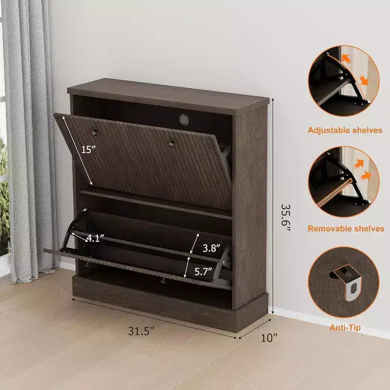 Meuble à chaussures en bois autoportant avec 2 tiroirs basculants, Organisateur de chaussures moderne et étroit en forme de vague avec étagères réglables, pour entrée, salon, couloir
