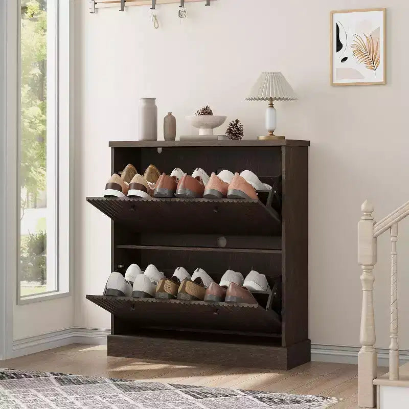 Meuble à chaussures en bois autoportant avec 2 tiroirs basculants, Organisateur de chaussures moderne et étroit en forme de vague avec étagères réglables, pour entrée, salon, couloir