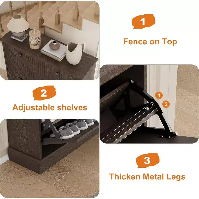 Meuble à chaussures en bois autoportant avec 2 tiroirs basculants, Organisateur de chaussures moderne et étroit en forme de vague avec étagères réglables, pour entrée, salon, couloir
