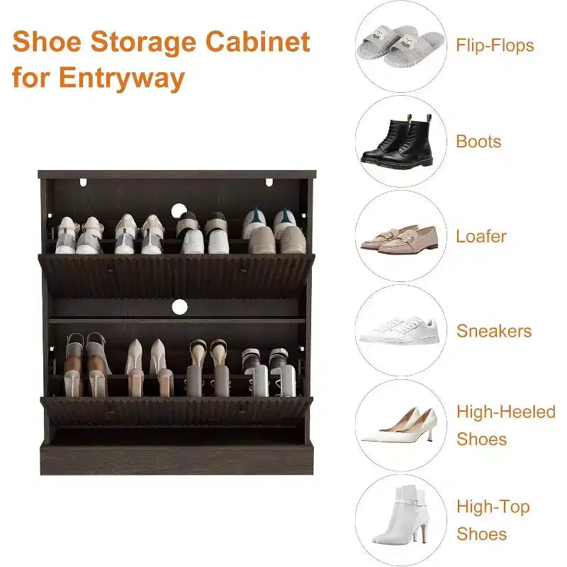 Meuble à chaussures en bois autoportant avec 2 tiroirs basculants, Organisateur de chaussures moderne et étroit en forme de vague avec étagères réglables, pour entrée, salon, couloir