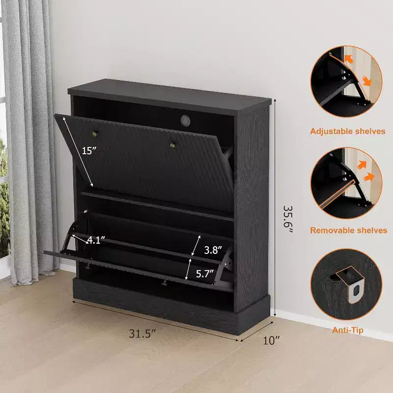 Meuble à chaussures en bois autoportant avec 2 tiroirs basculants, Organisateur de chaussures moderne et étroit en forme de vague avec étagères réglables, pour entrée, salon, couloir