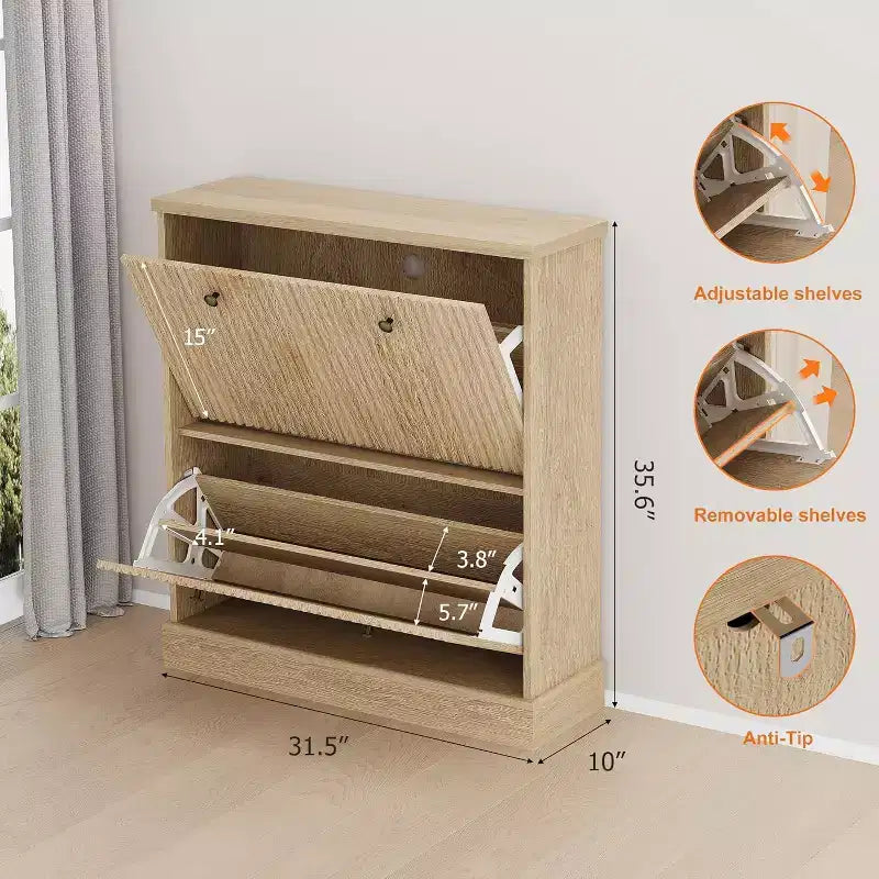 Meuble à chaussures en bois autoportant avec 2 tiroirs basculants, Organisateur de chaussures moderne et étroit en forme de vague avec étagères réglables, pour entrée, salon, couloir