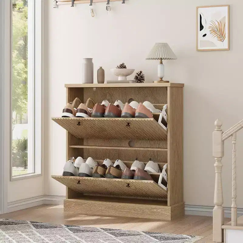 Meuble à chaussures en bois autoportant avec 2 tiroirs basculants, Organisateur de chaussures moderne et étroit en forme de vague avec étagères réglables, pour entrée, salon, couloir