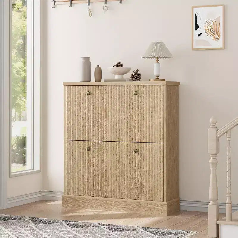 Meuble à chaussures en bois autoportant avec 2 tiroirs basculants, Organisateur de chaussures moderne et étroit en forme de vague avec étagères réglables, pour entrée, salon, couloir