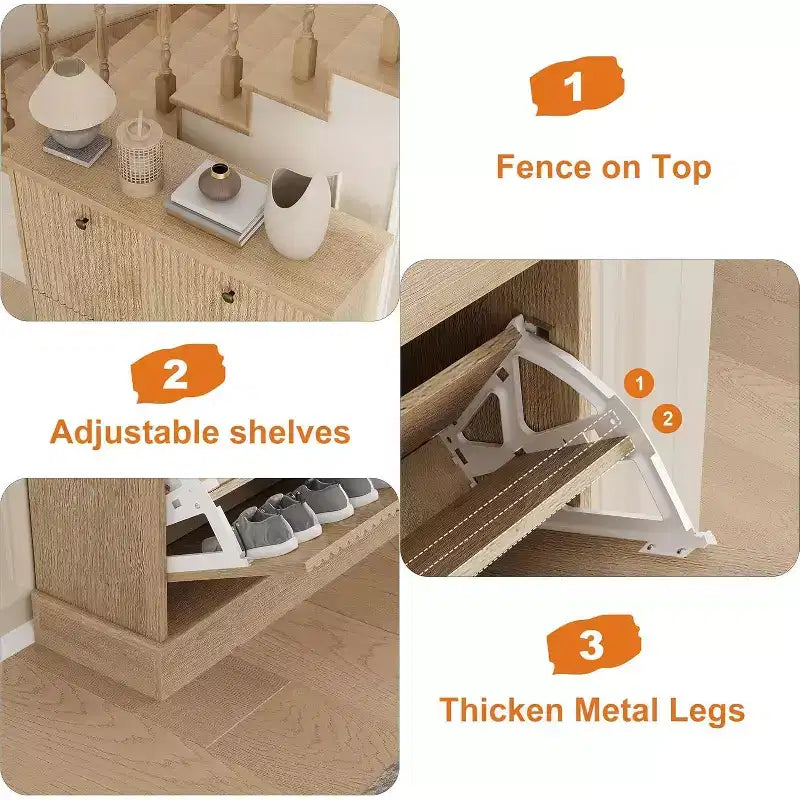 Meuble à chaussures en bois autoportant avec 2 tiroirs basculants, Organisateur de chaussures moderne et étroit en forme de vague avec étagères réglables, pour entrée, salon, couloir