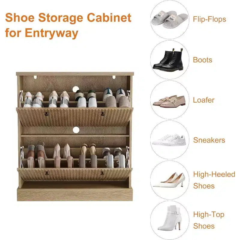 Meuble à chaussures en bois autoportant avec 2 tiroirs basculants, Organisateur de chaussures moderne et étroit en forme de vague avec étagères réglables, pour entrée, salon, couloir