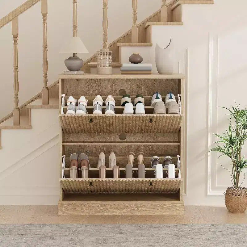 Meuble à chaussures en bois autoportant avec 2 tiroirs basculants, Organisateur de chaussures moderne et étroit en forme de vague avec étagères réglables, pour entrée, salon, couloir