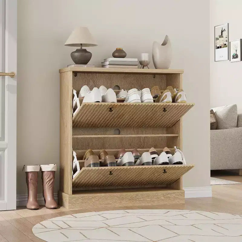 Meuble à chaussures en bois autoportant avec 2 tiroirs basculants, Organisateur de chaussures moderne et étroit en forme de vague avec étagères réglables, pour entrée, salon, couloir