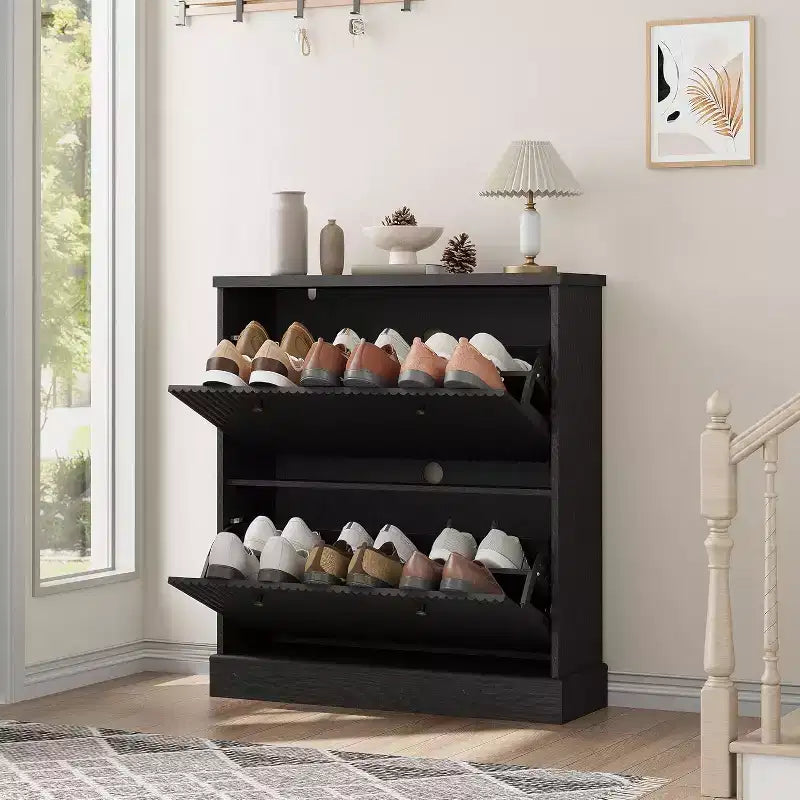 Meuble à chaussures en bois autoportant avec 2 tiroirs basculants, Organisateur de chaussures moderne et étroit en forme de vague avec étagères réglables, pour entrée, salon, couloir