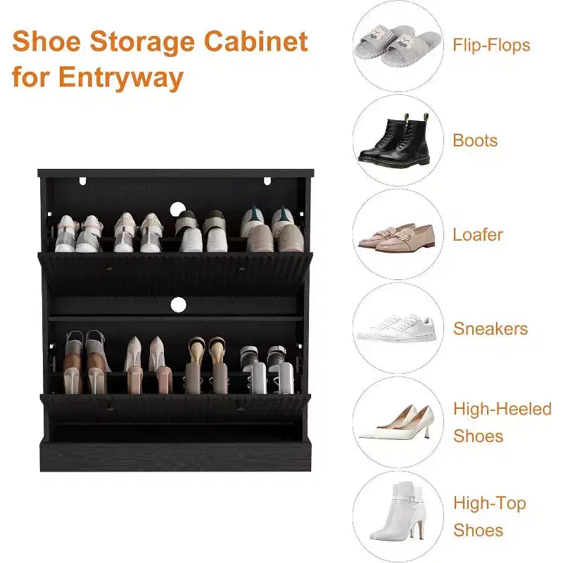 Meuble à chaussures en bois autoportant avec 2 tiroirs basculants, Organisateur de chaussures moderne et étroit en forme de vague avec étagères réglables, pour entrée, salon, couloir