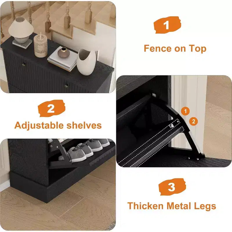 Meuble à chaussures en bois autoportant avec 2 tiroirs basculants, Organisateur de chaussures moderne et étroit en forme de vague avec étagères réglables, pour entrée, salon, couloir