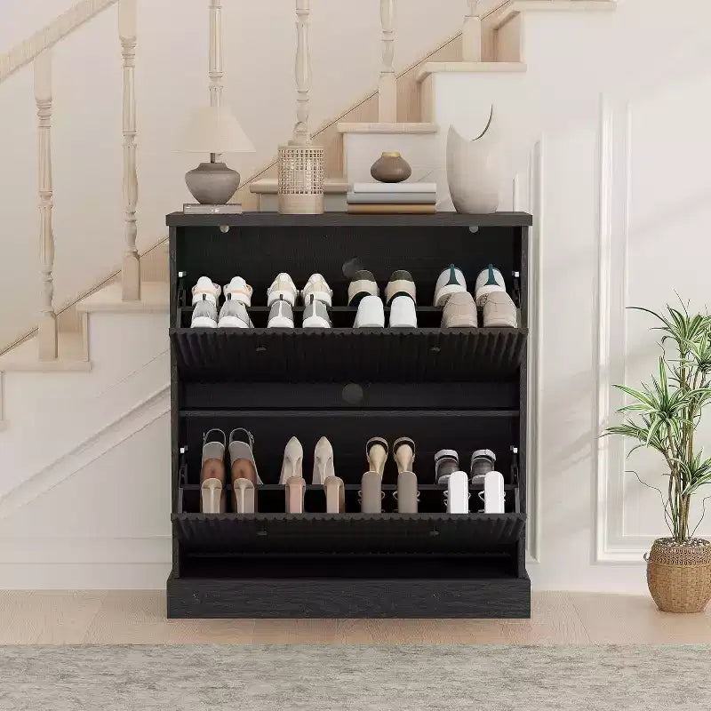 Meuble à chaussures en bois autoportant avec 2 tiroirs basculants, Organisateur de chaussures moderne et étroit en forme de vague avec étagères réglables, pour entrée, salon, couloir