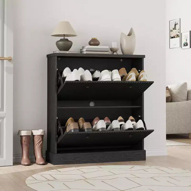 Meuble à chaussures en bois autoportant avec 2 tiroirs basculants, Organisateur de chaussures moderne et étroit en forme de vague avec étagères réglables, pour entrée, salon, couloir