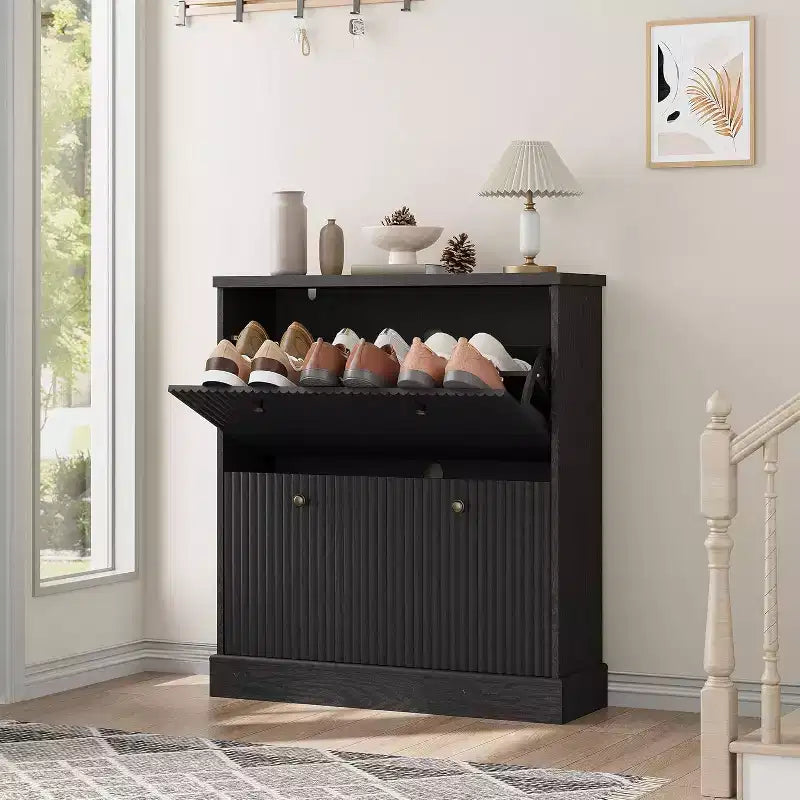 Wooden Freestanding Shoe Cabinet with 2 Flip Drawers, Modern Narrow Wave Shoe Organizer with Adjustable Shelves, for Entryway, Living Room, Hallway