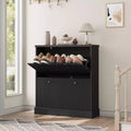 Wooden Freestanding Shoe Cabinet with 2 Flip Drawers, Modern Narrow Wave Shoe Organizer with Adjustable Shelves, for Entryway, Living Room, Hallway
